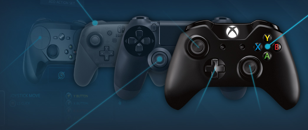 Une image représentant une manette Xbox 360, une manette Xbox One, un Steam Controller et une manette PlayStation 4