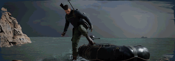 Nhân vật Karl Fairburne bước xuống thuyền phao trong nhiệm vụ thâm nhập của Sniper Elite 5.