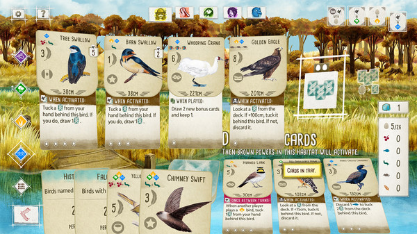 Screenshot of Wingspan gameplay showing in-action mechanics