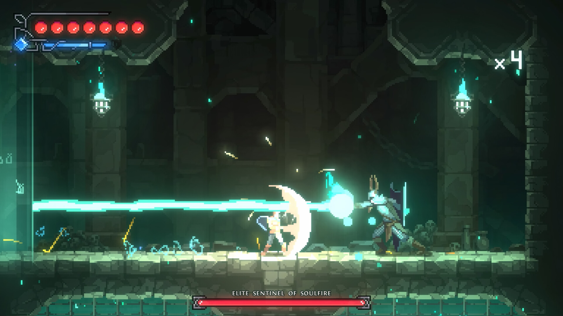 Divinum 公式スクリーンショット 三日月状の斬撃でボス「ELITE SENTINEL OF SOULFIRE」と戦うシーン