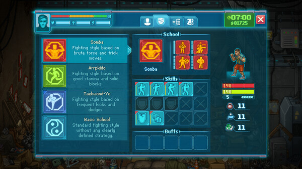 Screenshot of Punch Club 2: Fast Forward gameplay showing in-action mechanics