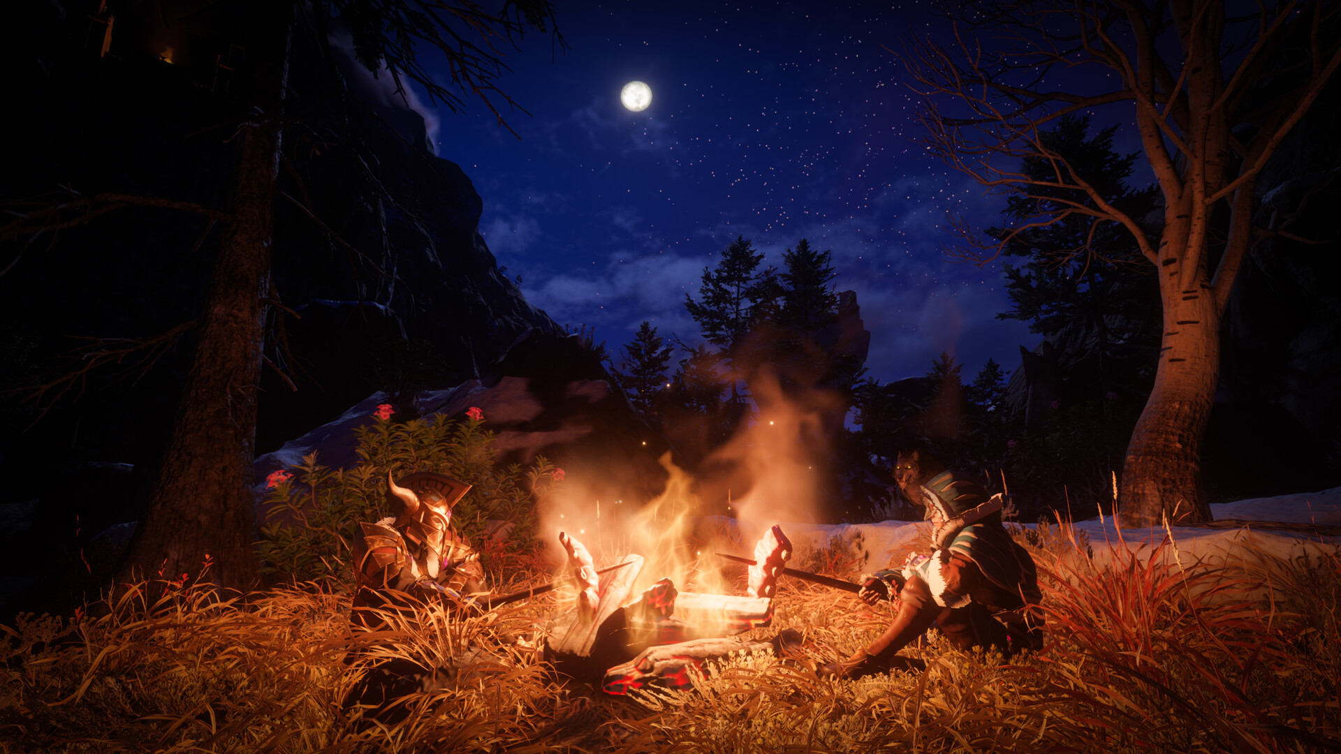 A campfire under a full moon shows off Enshrouded's reworked biome lighting and atmosphere. Image: Keen Games.