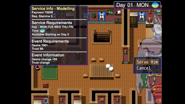 Screenshot of Cumming Hotel - A Gay Furry Slice of Life gameplay showing in-action mechanics