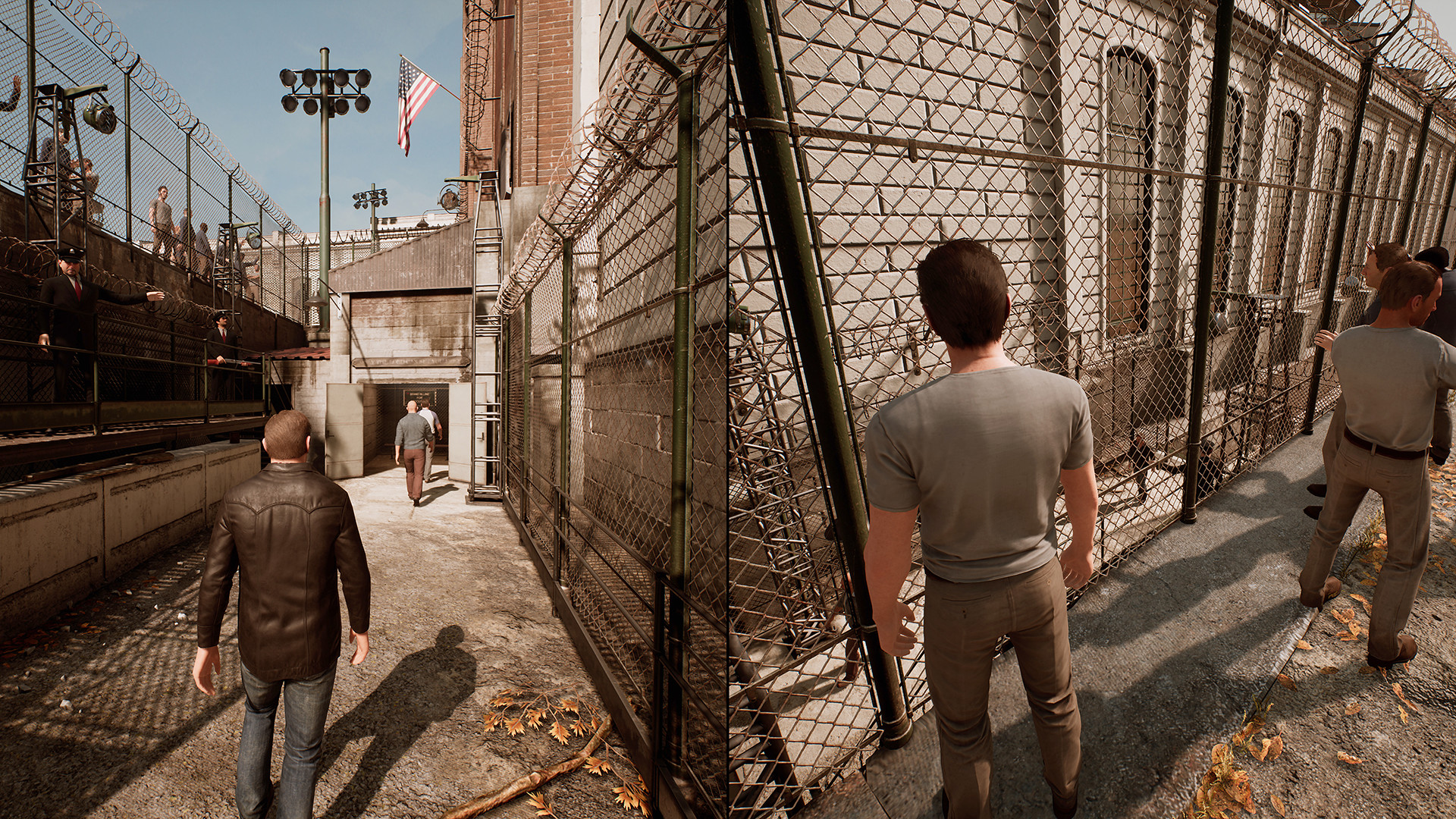Leo and Vincent in a split-screen prison corridor in A Way Out