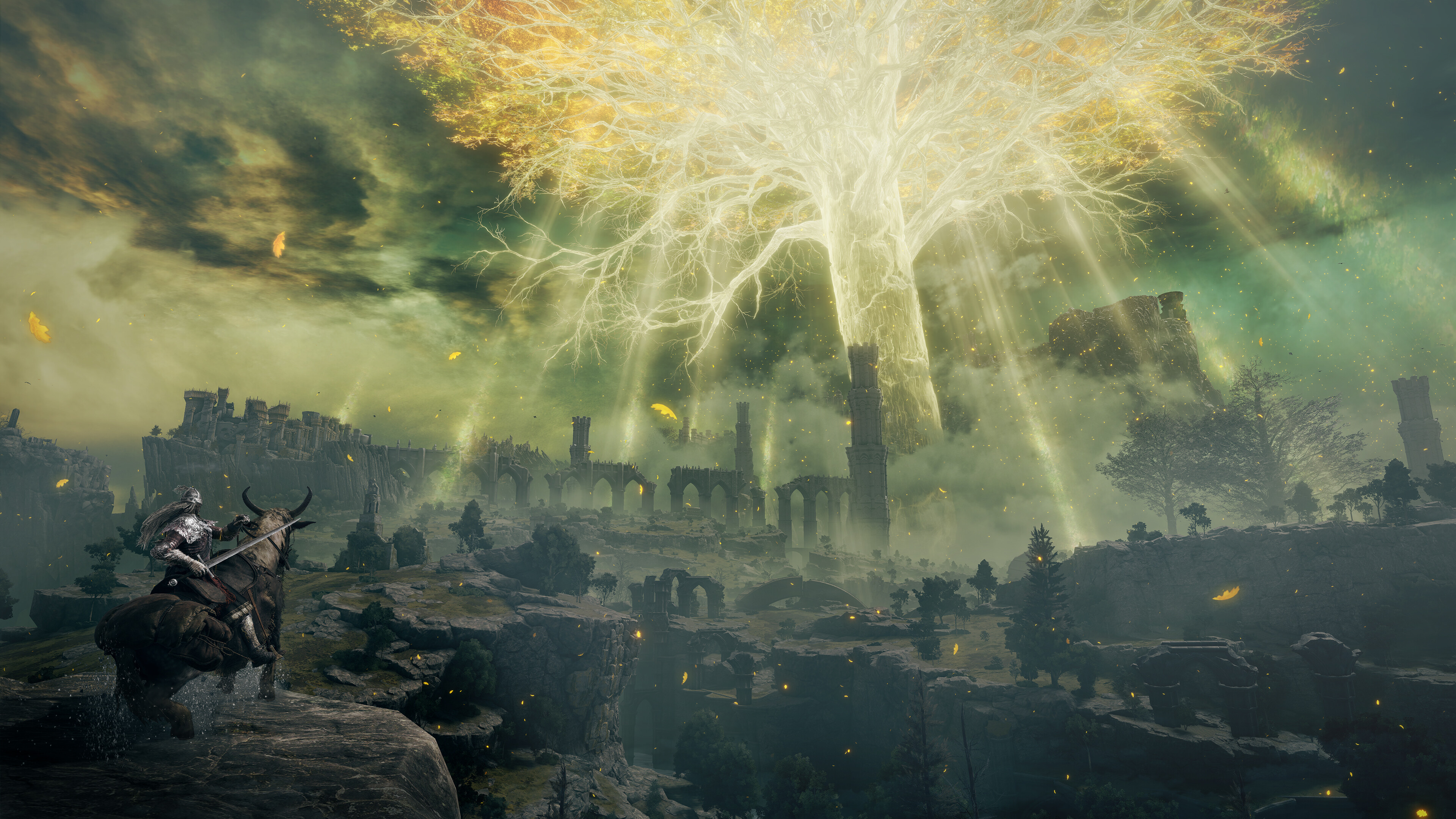 A vast open landscape under golden light in Elden Ring