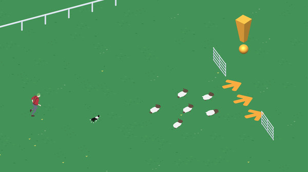 Screenshot of Come Bye: A Sheepdog Simulator gameplay showing in-action mechanics
