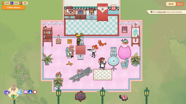 Screenshot of Cat Cafe Manager gameplay showing in-action mechanics