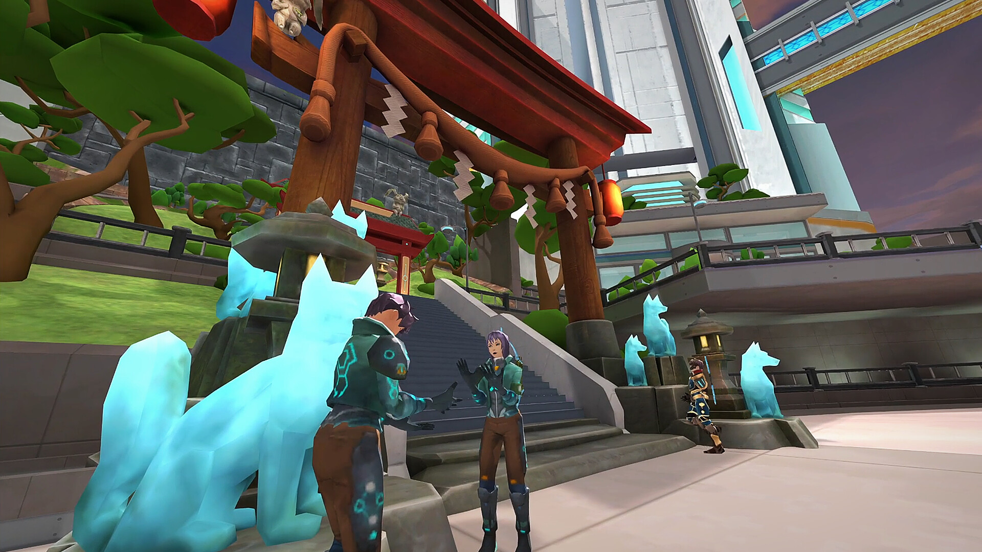 Two Zenith players in teal-trimmed armor talk at the foot of a stone stairway under a red torii gate lined with glowing blue fox statues, a white tower rising behind them