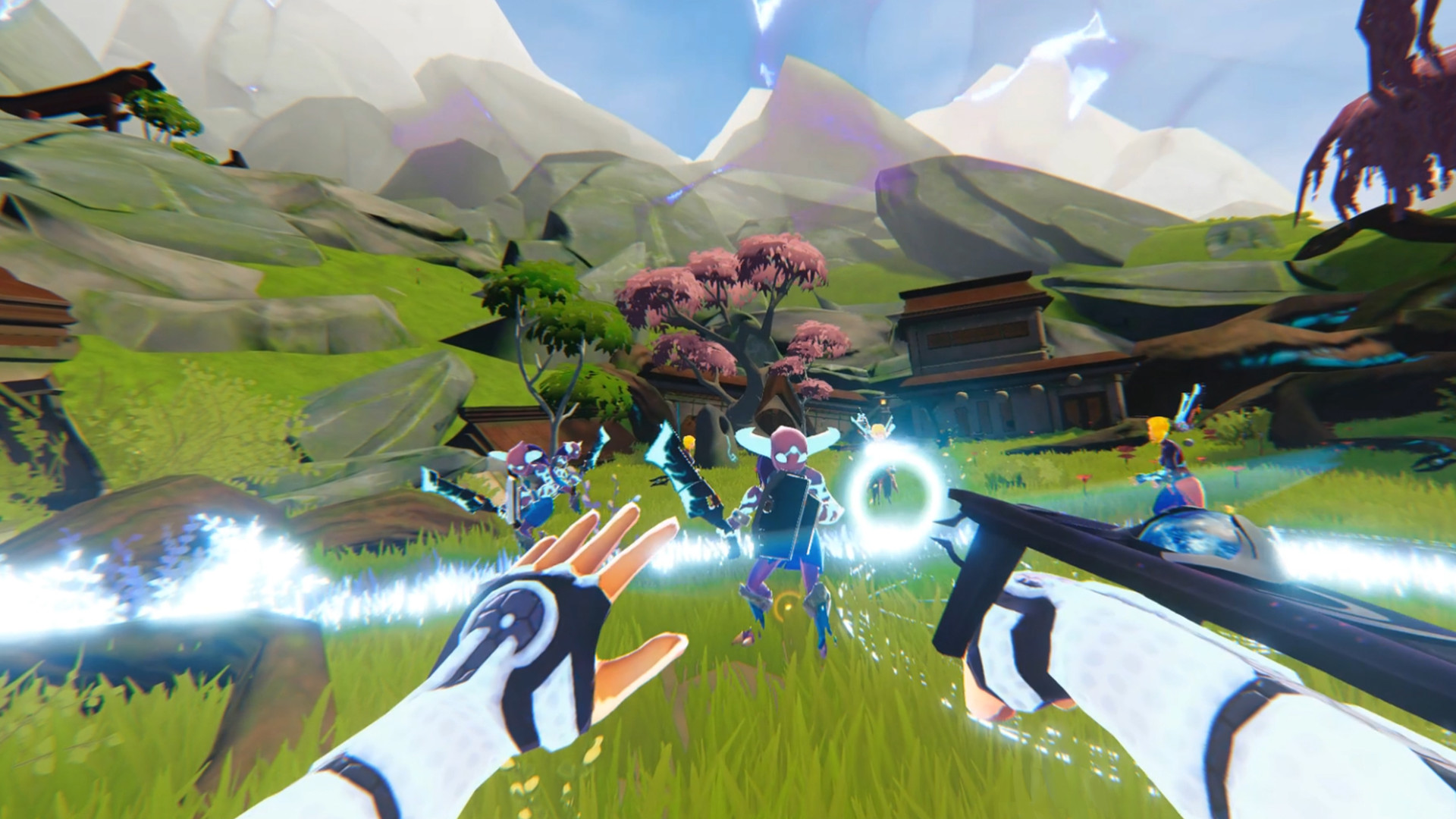 First-person Zenith combat: a gloved hand casts a glowing blue ring of energy at horned enemies in a grassy valley below pink blossom trees