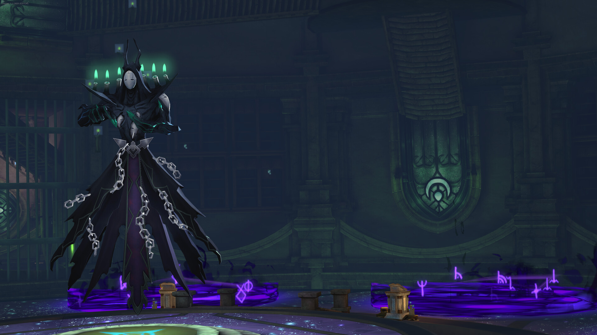 A tall hooded boss draped in chains and a tattered purple robe stands over glowing violet runes on the floor of a dark green stone hall in Zenith
