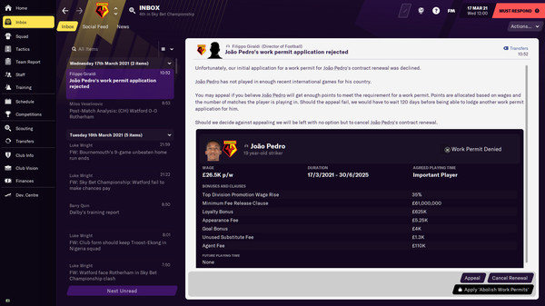 Football Manager 2021 Touch - No Work Permits