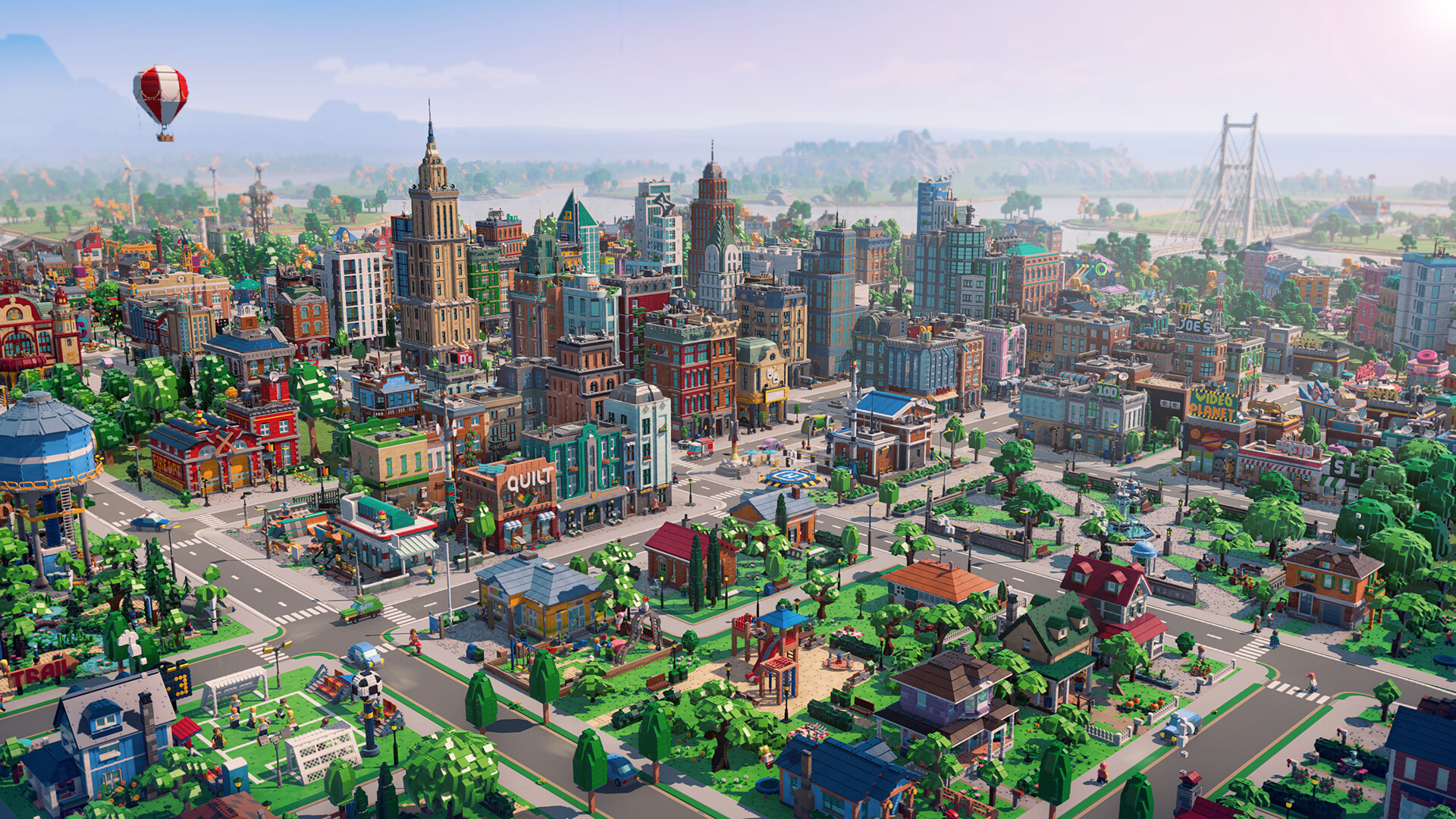 A colorful LEGO Skylines city with roads, buildings, parks, and minifigure citizens