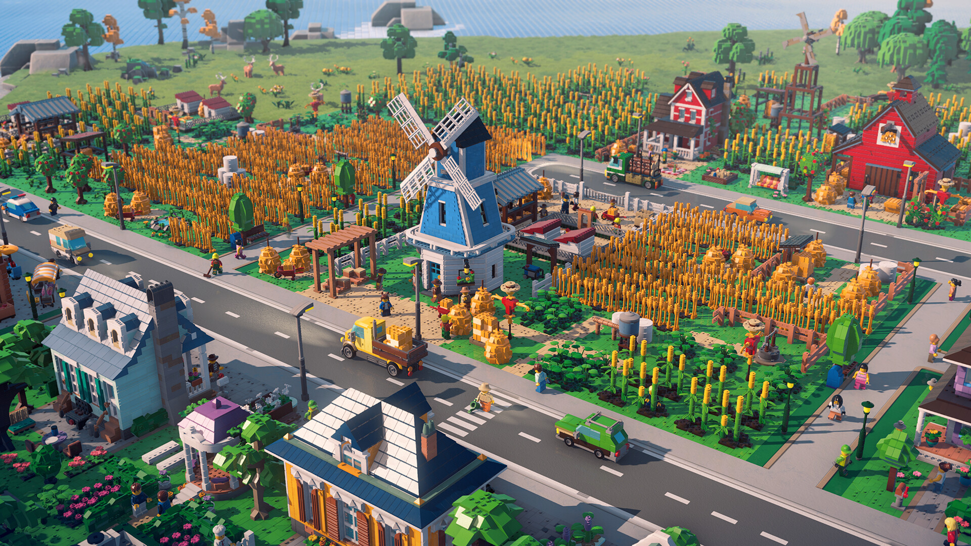A customized LEGO Skylines neighborhood with homes and decorative details