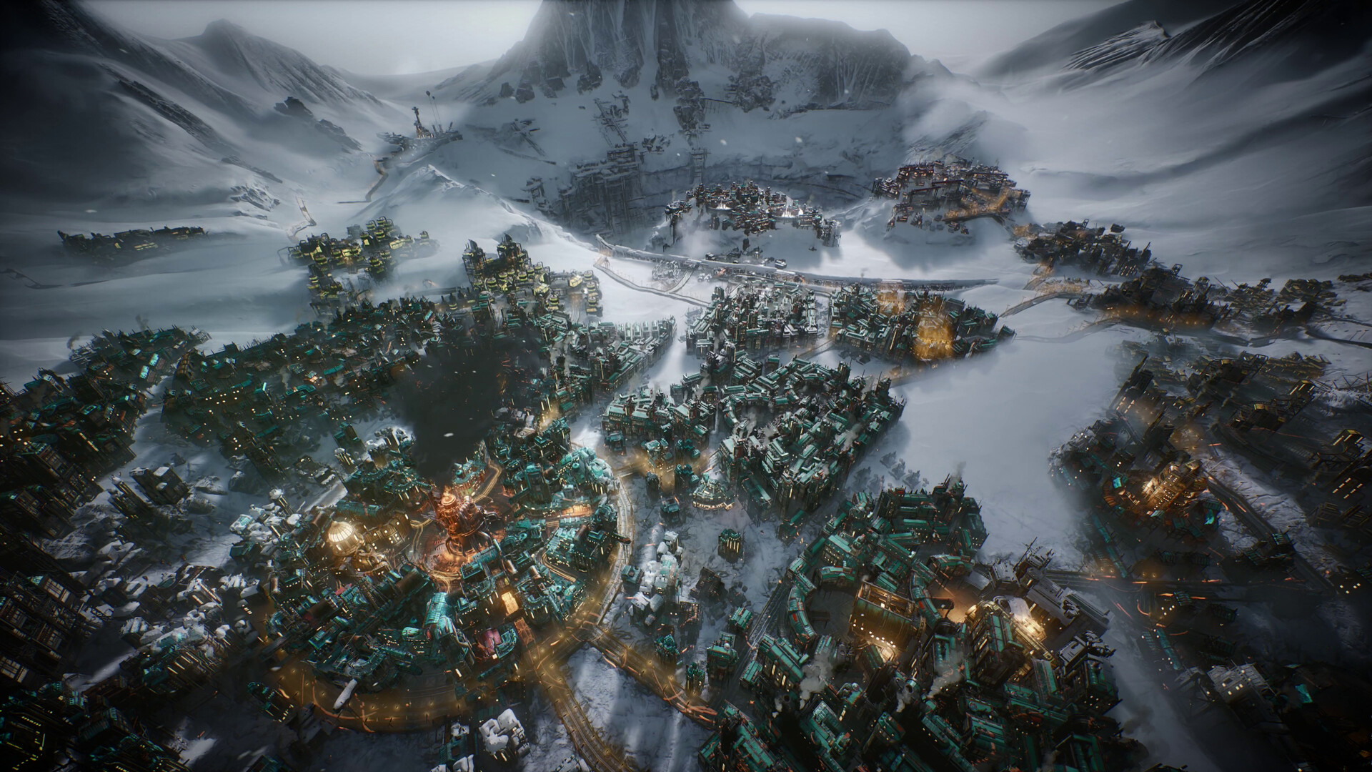 A frozen city sprawling around a generator in Frostpunk 2