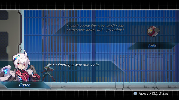 Screenshot z COGEN: Sword of Rewind - Additional Story ＆COGEN: Sword of Rewind - Additional Story ＆ Playable Character: Copen (Gunvolt Chronicles: Luminous Avenger iX 2) ⁄ COGEN: 大鳥こはくと刻の剣 - 追加シナリオ＆プレイ可能キャラクター：アキュラ編（『白き鋼鉄のX（イクス）2』より）