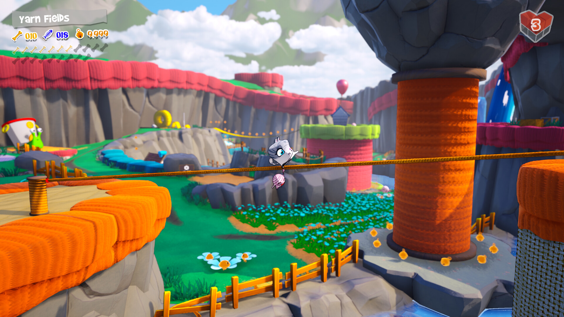 MOJITO exploring an open-world hub area with collectibles scattered around the environment
