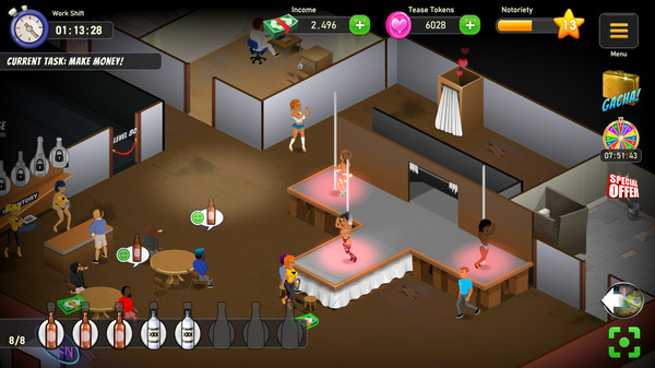 Screenshot of Gentlemen's Club gameplay showing in-action mechanics