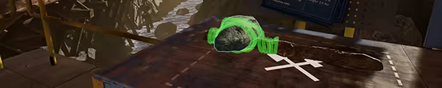 A first-person view shows a crafting table by a rocky river gorge. A glowing green outline highlights a rock and stick being combined to craft a Stone Hammer, with a blueprint displayed in the background.