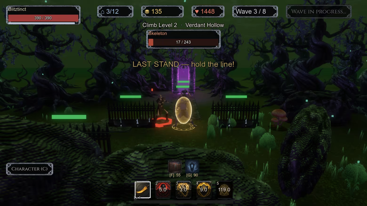 Guardian using Last Stand, with Cleave, Stun Nova, Shield Bash, Fortify, and ultimate cooldowns visible.