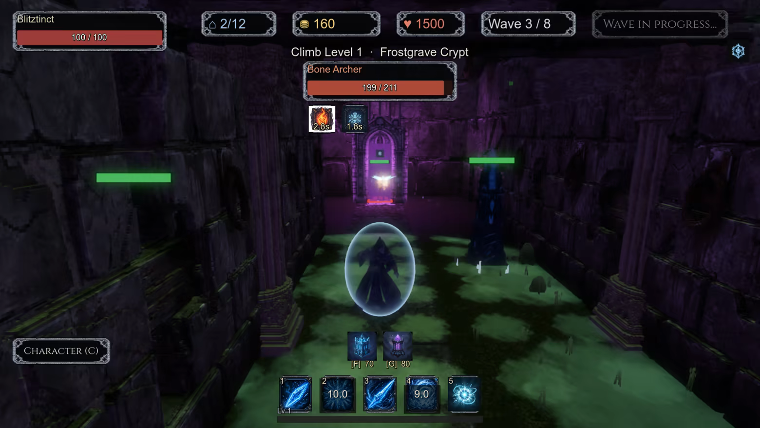 Cryomancer combat HUD with Frostbolt, Frost Nova, Ice Lance, Blizzard, and Absolute Zero icons.