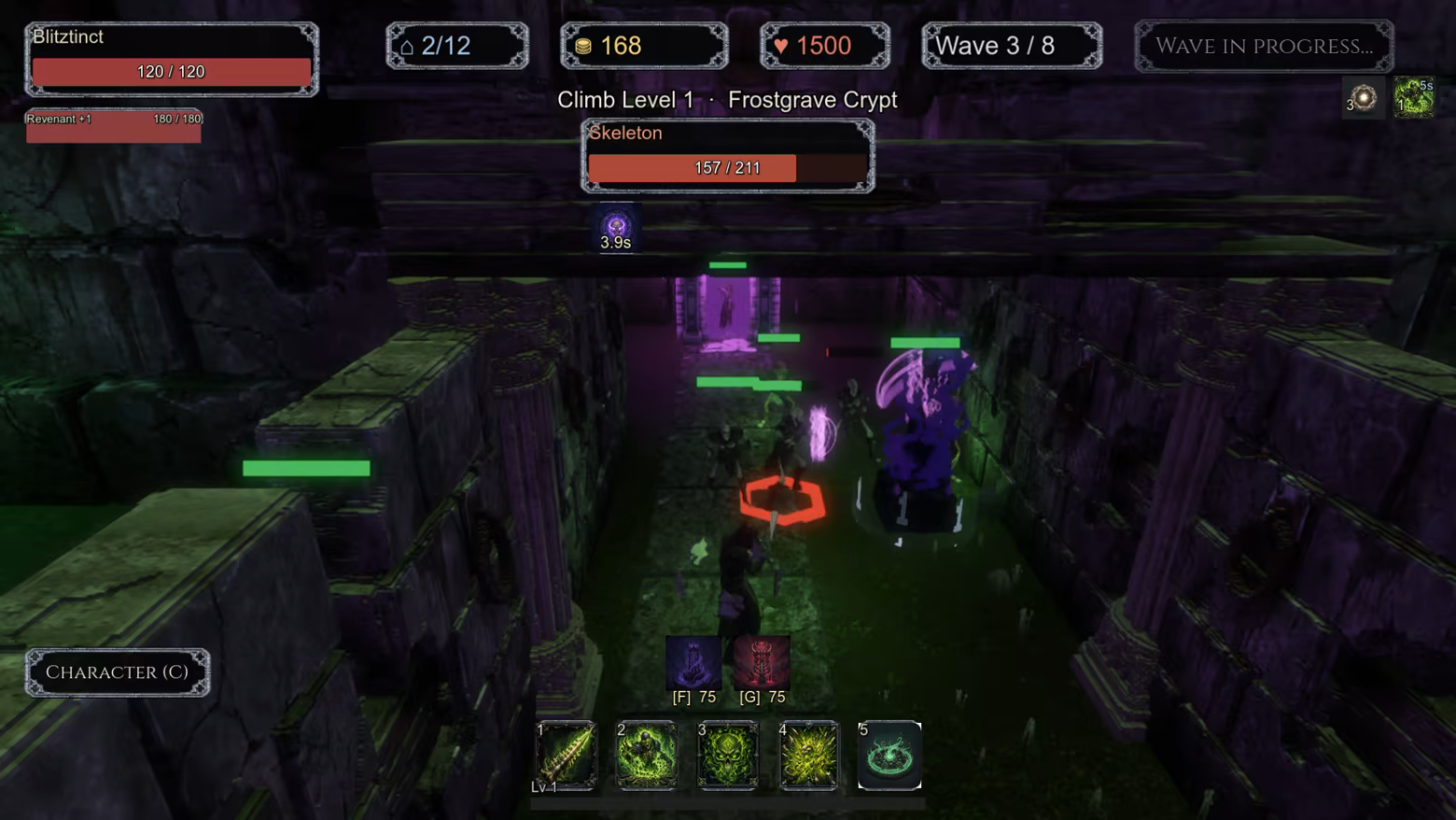 Necromancer combat HUD with Bone Spear, Raise Dead, Curse, Corpse Explosion, and Army of the Dead icons.