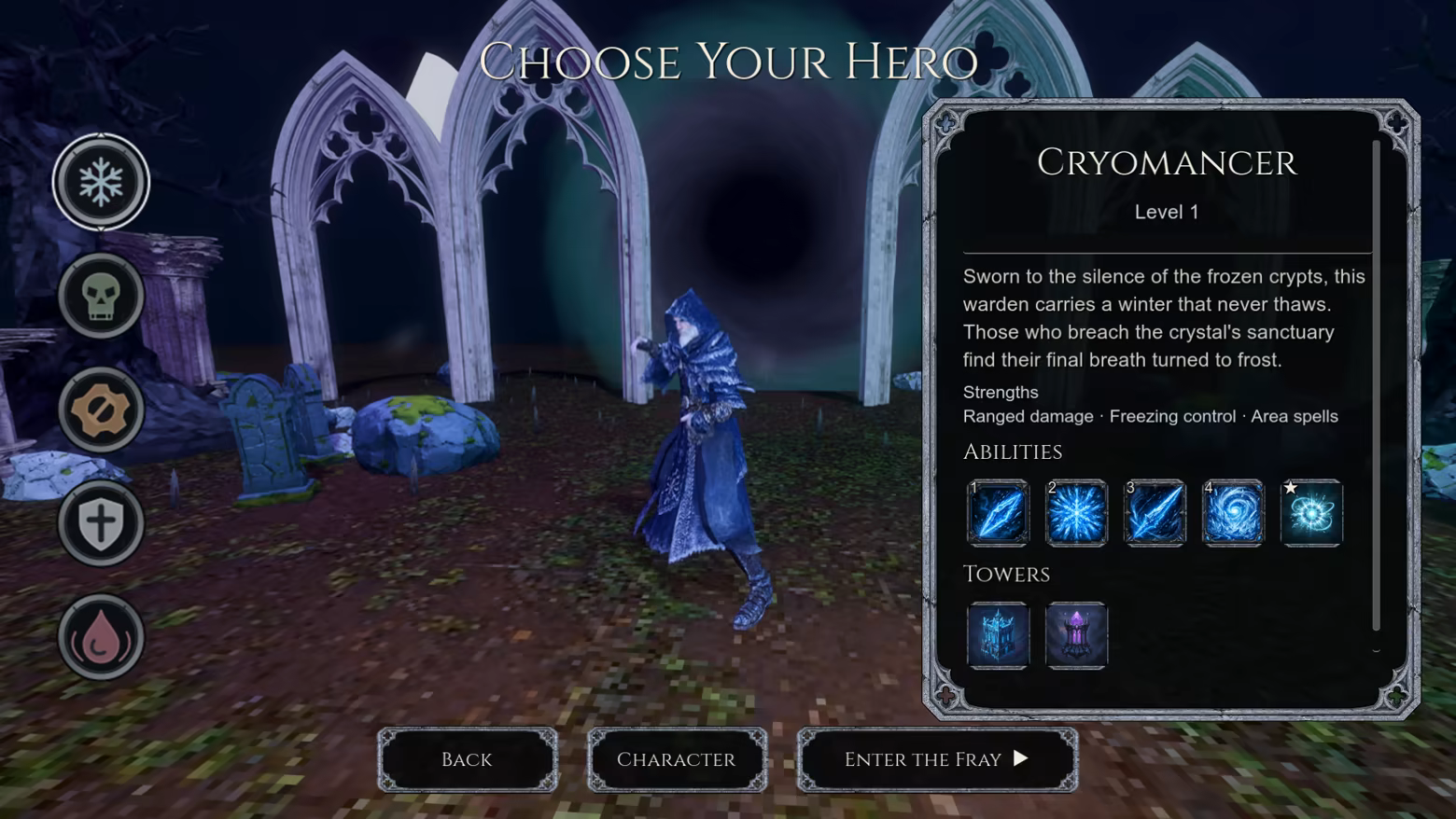 Hero selection screen with the Cryomancer, five class choices, frost ability icons, and tower previews.