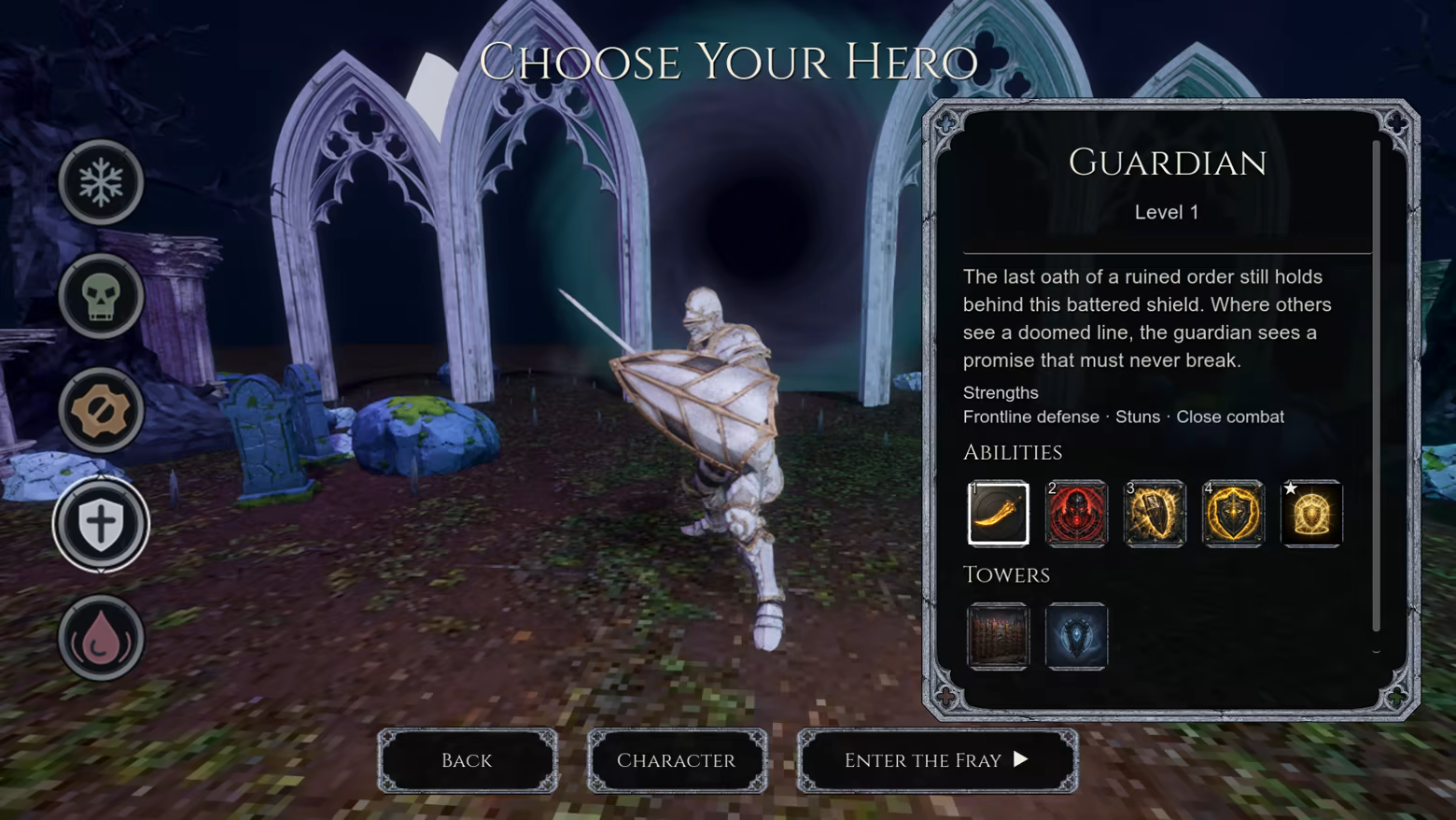 Hero selection screen with the Guardian, class choices, strengths, ability icons, and defensive towers.