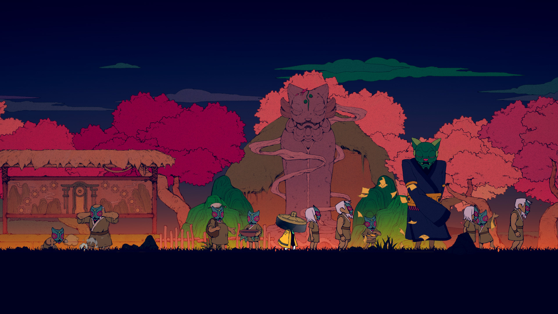 A screenshot from early in Nine Sols featuring the protagonist Yi walking through a village festival