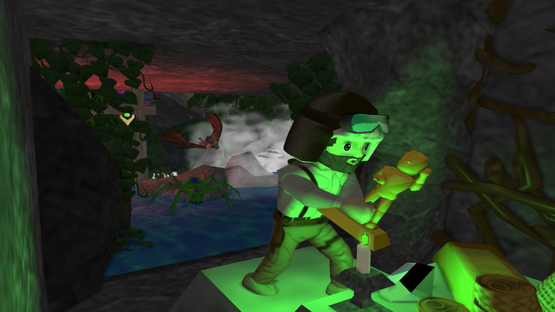 Official Secrets of Temple Isle screenshot: bearded explorer holding a golden idol under green cave light (Steam)