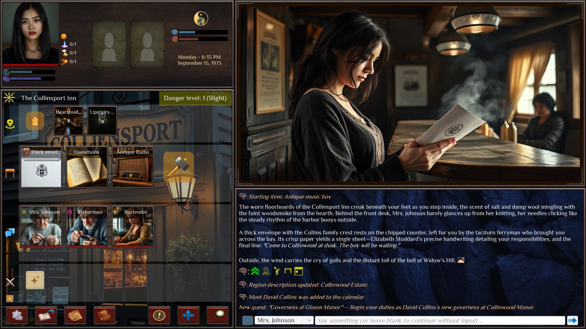 หน้าจอ AI Roguelite แสดงตัวละคร สถานที่ สิ่งของ และเรื่องเล่าคู่กับภาพฉากโรงแรม