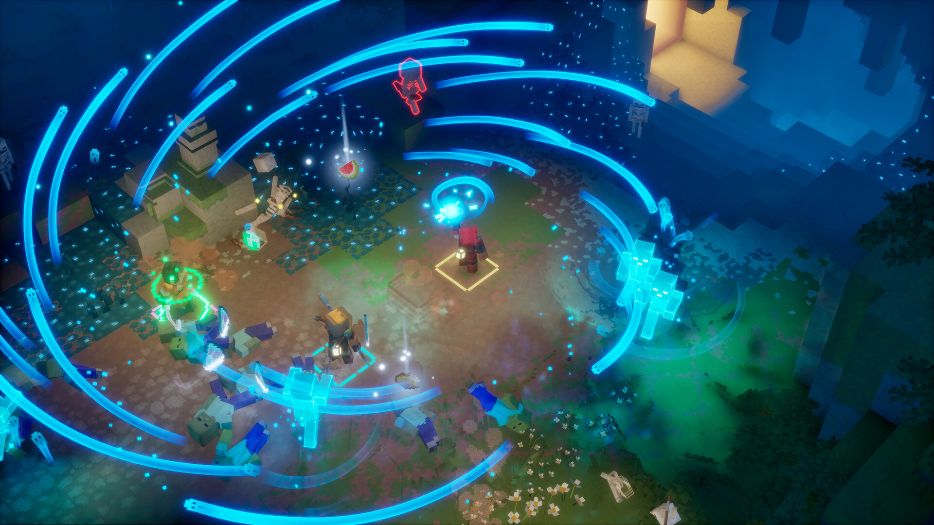 Arcing blue attack effects surround a player fighting zombies and skeletons at night with a floating watermelon item nearby
