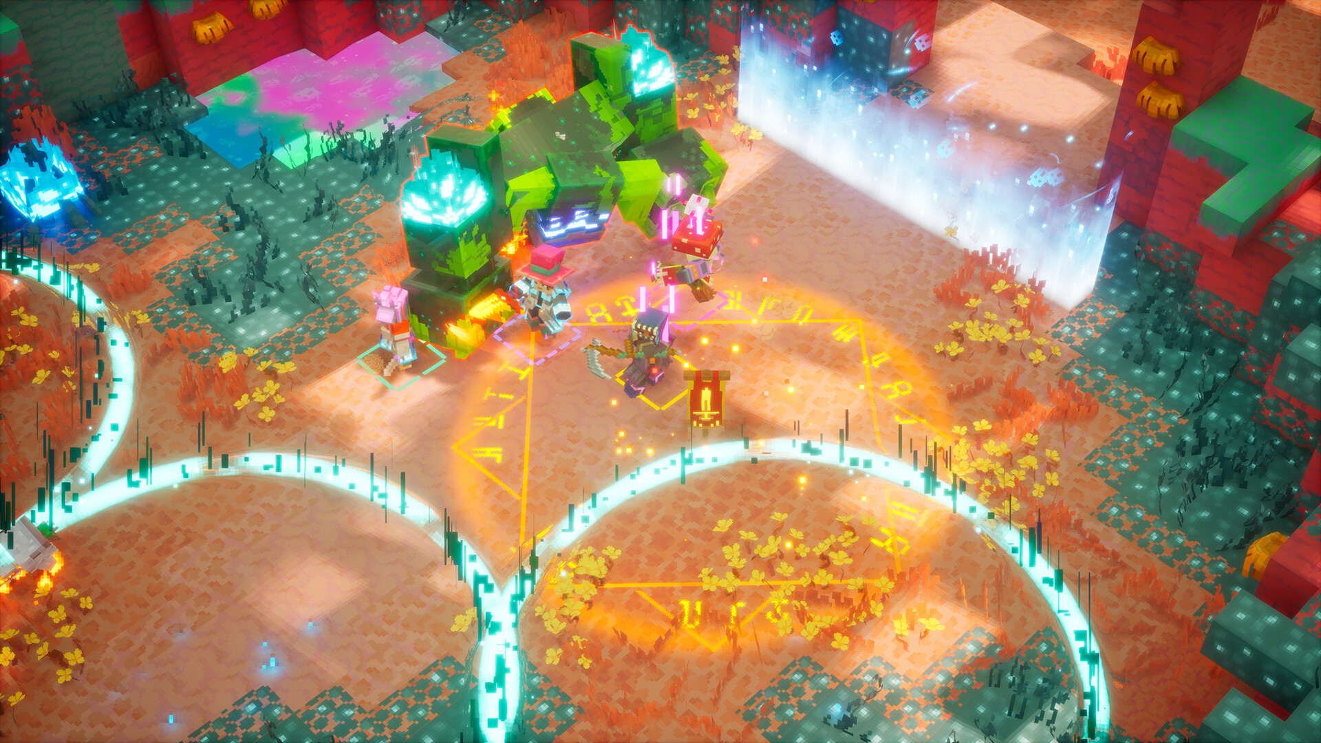 Player battling a large glowing green boss creature in a Minecraft Dungeons II encounter