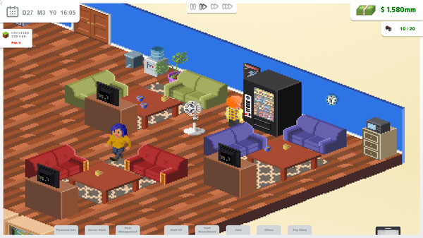 Screenshot of Server Owner Tycoon gameplay showing in-action mechanics