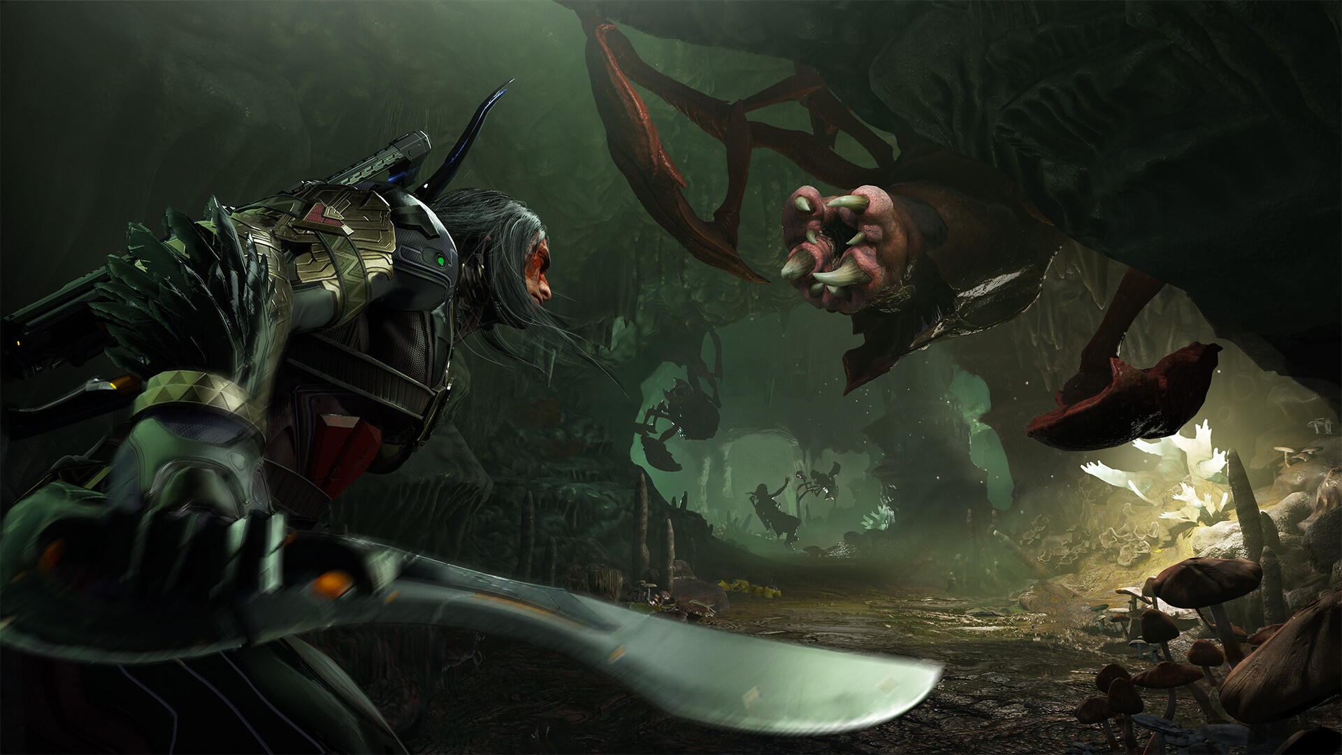 A bow-equipped Turok warrior confronting an alien creature in a cavern