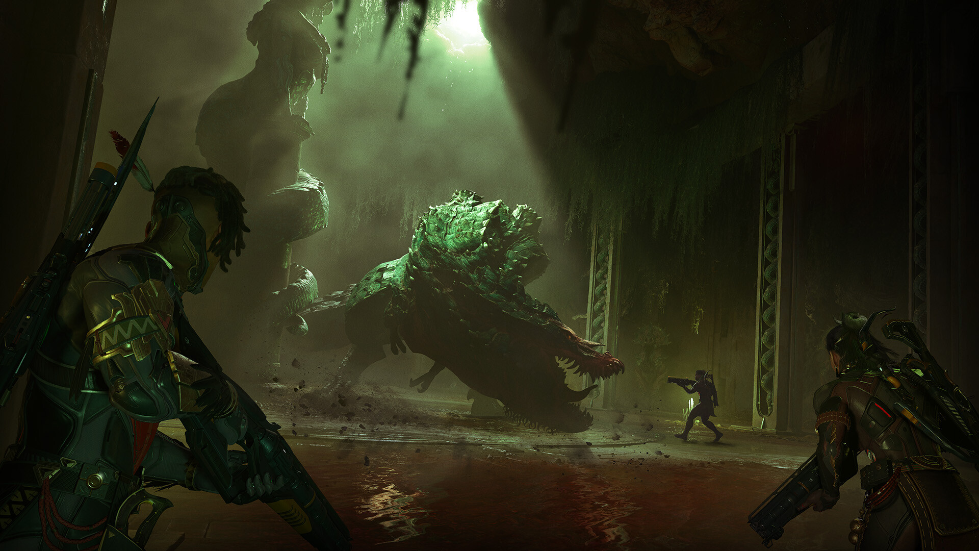 A team of Turok warriors facing a large dinosaur inside a temple