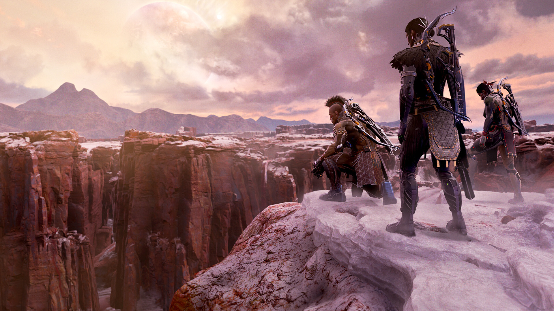 Three Turok warriors overlooking a canyon landscape in Turok Origins