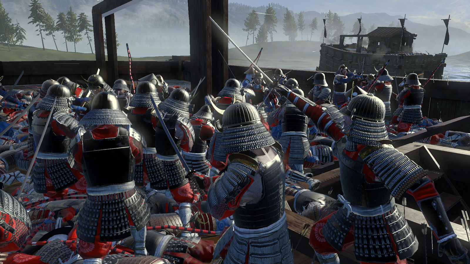 Armoured samurai fighting hand to hand across the deck of a ship during a boarding action in Total War: SHOGUN 2