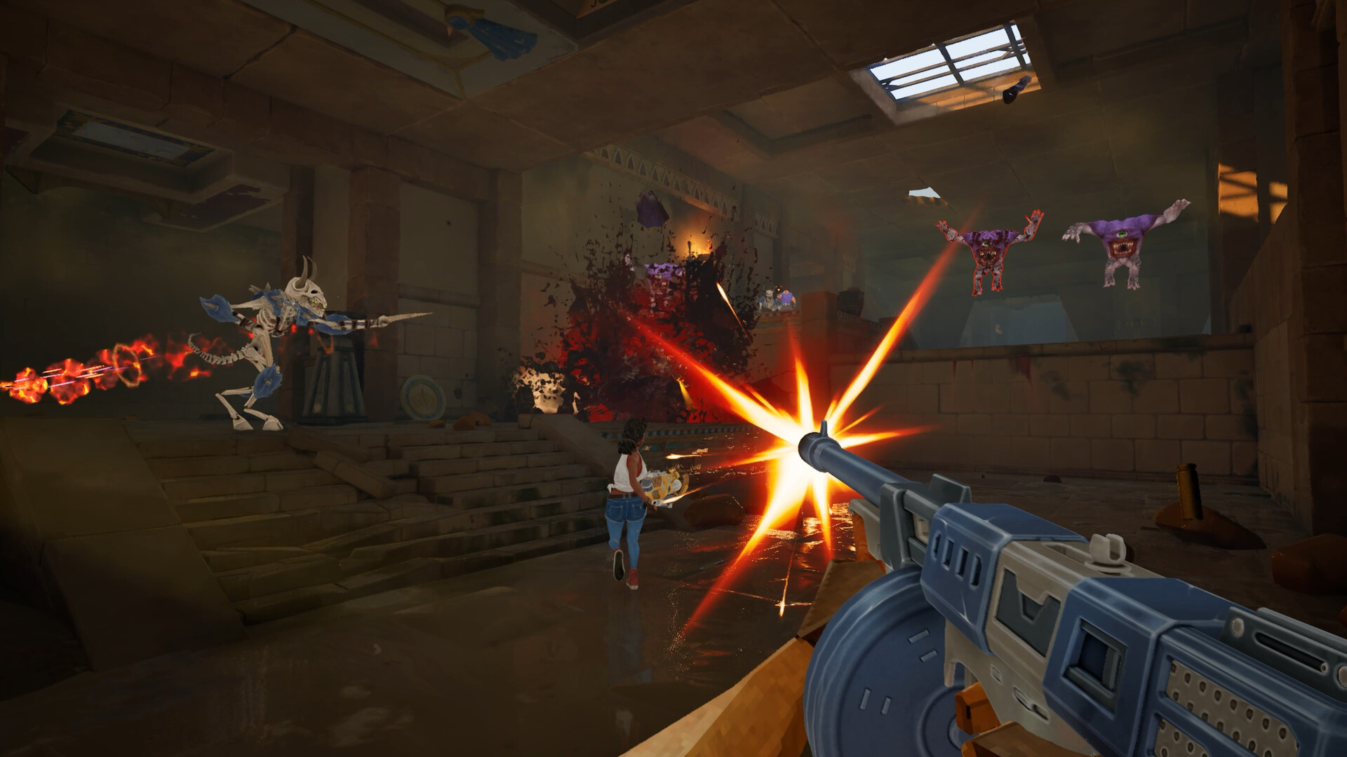 Serious Sam Shatterverse 公式スクリーンショット 巨大な赤いロボット型ボスと味方キャラクターがジャングル遺跡で交戦する場面