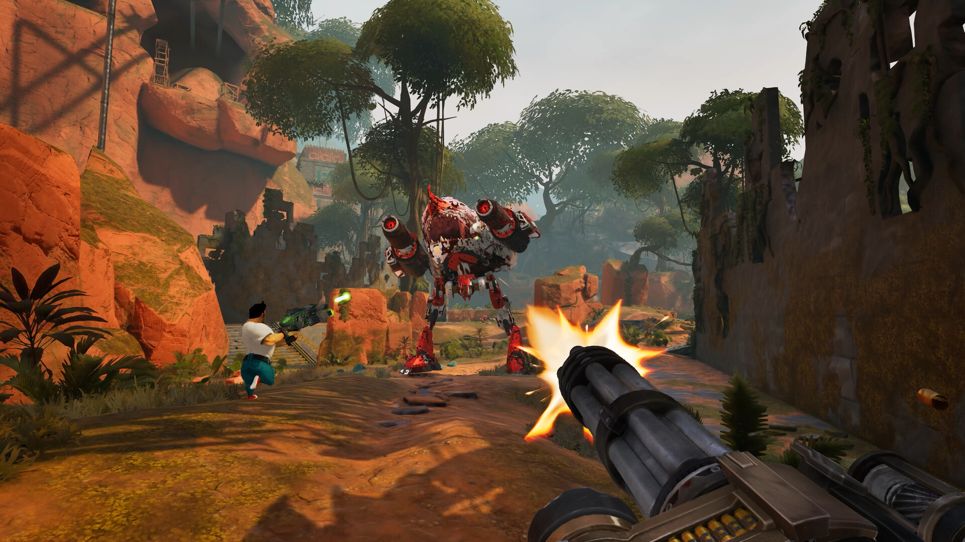 Serious Sam Shatterverse 公式スクリーンショット 緑色の球体状の武器をコミカルな巨大生物に向けて放つ場面
