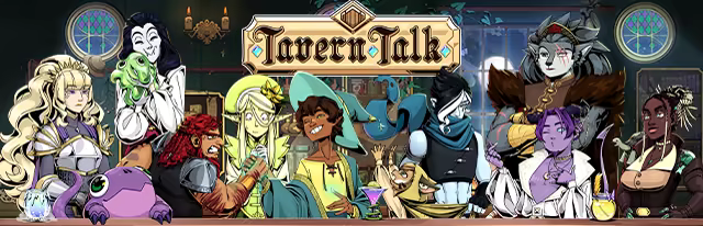 Tavern Talk - A Cozy Visual Novel — иллюстрация персонажей и интерьера таверны, показ игровой атмосферы и обстановки