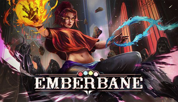 Emberbane pixel art key art showing Ophelia wielding fire in a dark fantasy landscape
