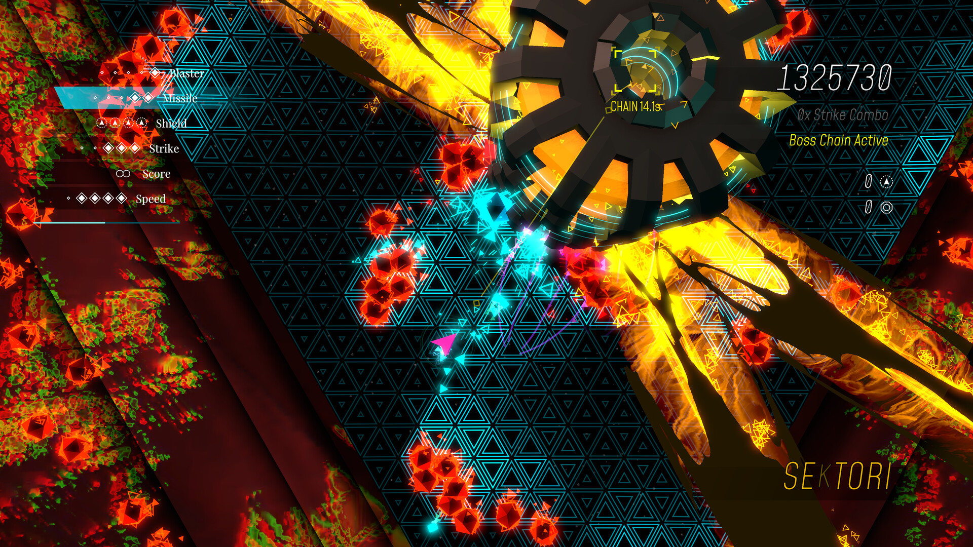 Sektori boss fight with bright colors and dense projectiles