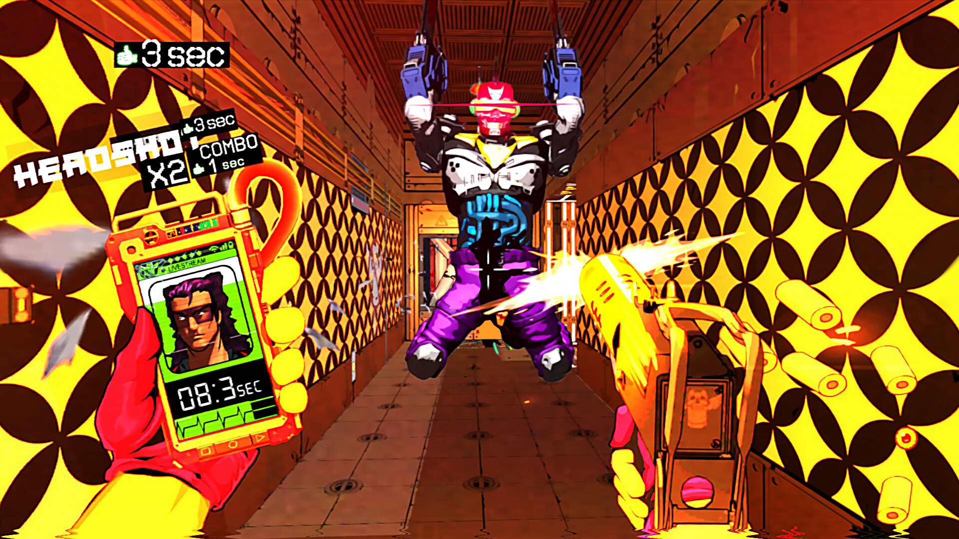 A first-person shootout in a neon corridor in Mullet Madjack