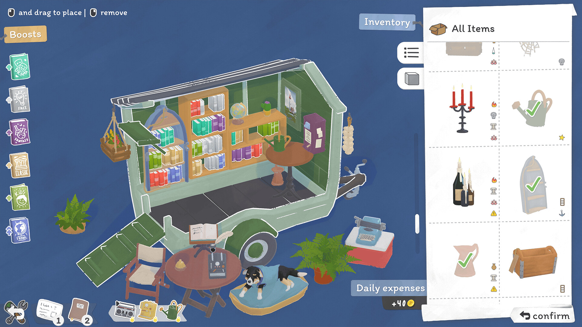 A screenshot from Tiny Bookshop shows a cross-section of the book trailer with customization options like items you can place in your shop.