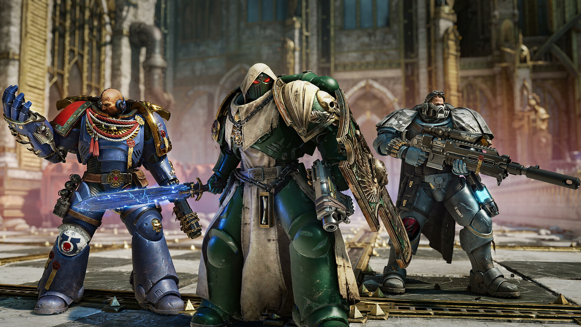 A Space Marine fighting a swarm of Tyranids in Warhammer 40,000: Space Marine 2