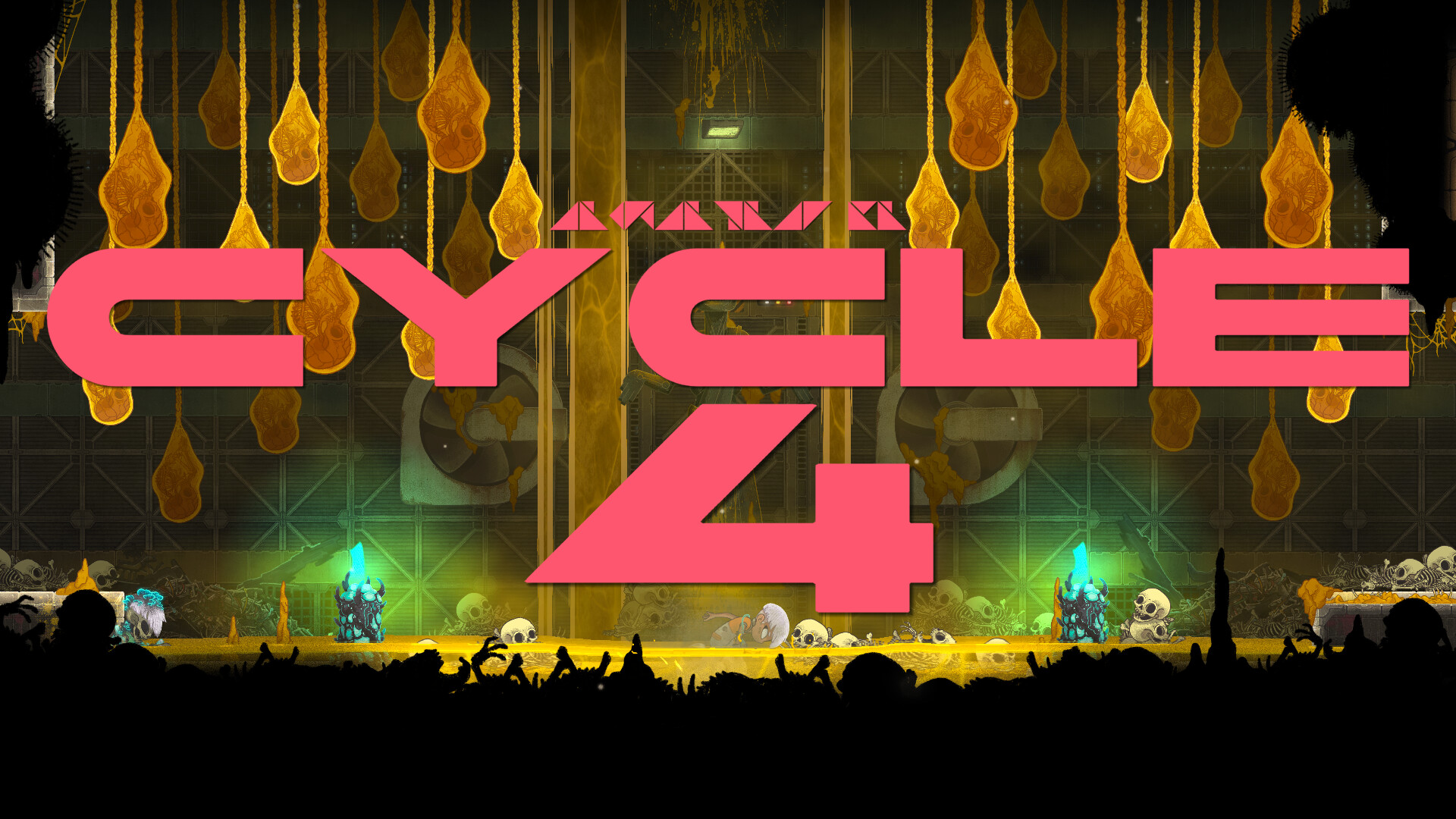 A large pink CYCLE 4 message over a chamber with hanging amber shapes and turquoise lights.