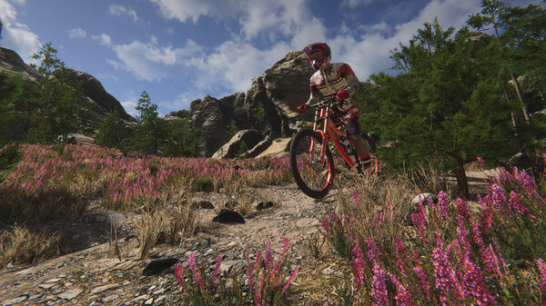 Screenshot of Traildown: Downhill Mountain Biking gameplay showing in-action mechanics