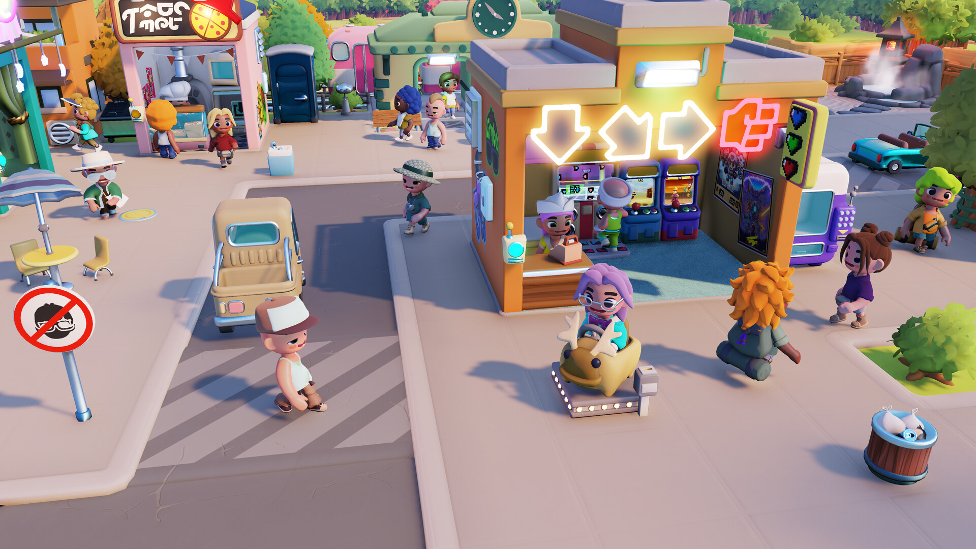 Go-Go Town! 公式スクリーンショット アーケード施設前の通りに乗り物と自動販売機が並ぶ様子