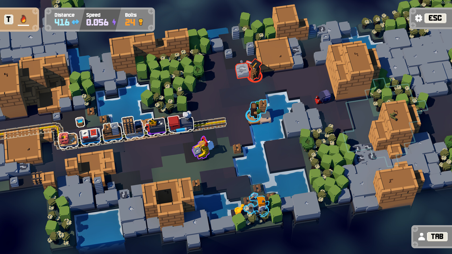 Unrailed 2 co-op players laying track across a colorful biome