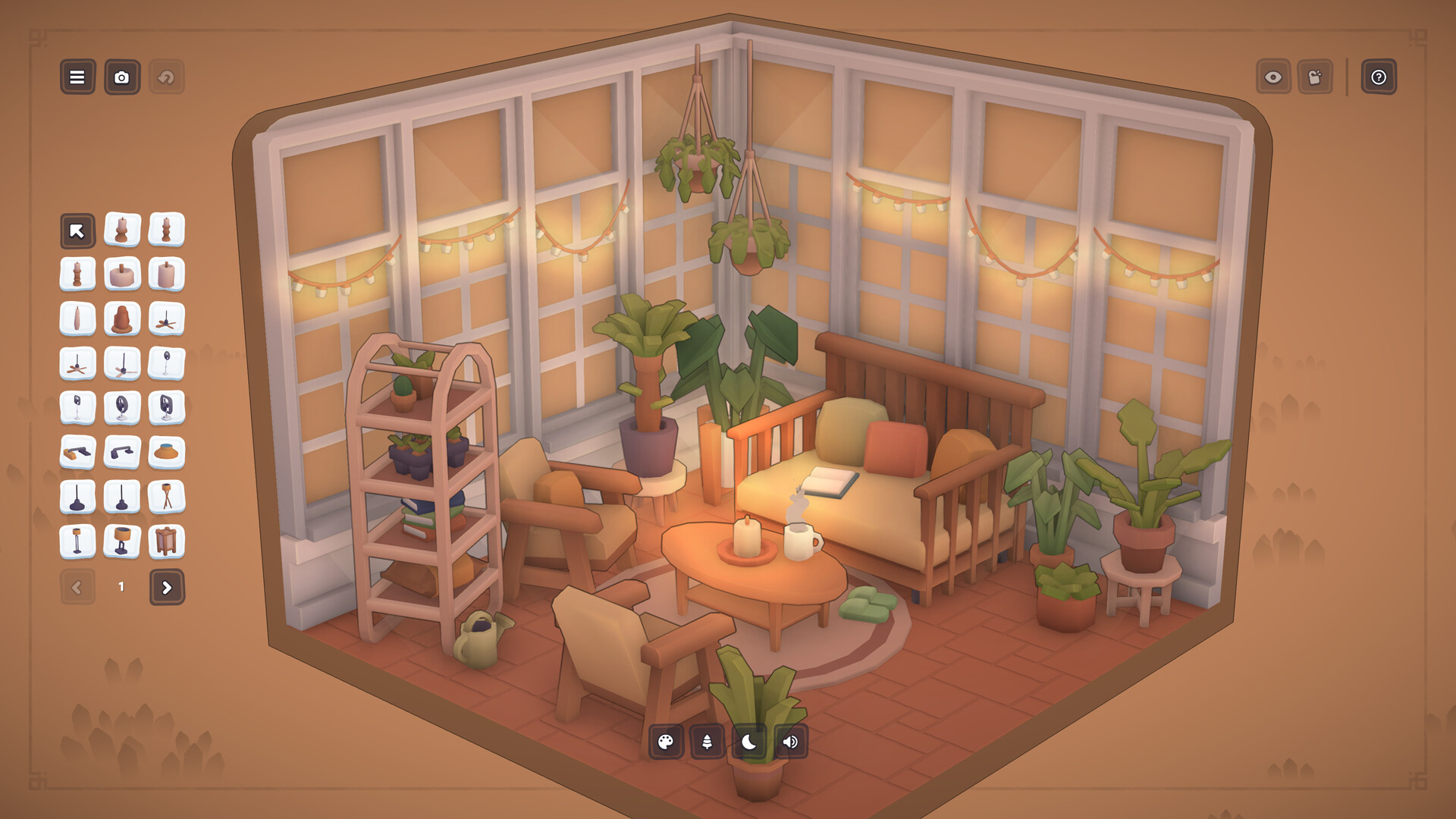 MakeRoom Screenshot: Helles Wohnzimmer-Diorama mit Pflanzen und gemütlicher Einrichtung